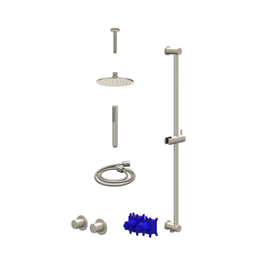 IVY Regendoucheset inbouwthermostaatkraan met 2-weg stop-omstel symmetry, 15cm plafondbuis, R20cmME, glijstang met uitlaat, doucheslang 150cm en staafmodel – Gebr. nickel PVD