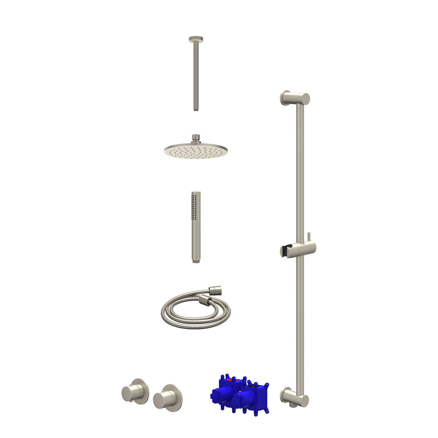 IVY Regendoucheset inbouwthermostaatkraan met 2-weg stop-omstel symmetry, 30cm plafondbuis, R20cmME, glijstang met uitlaat, doucheslang 150cm en staafmodel – Gebr. nickel PVD