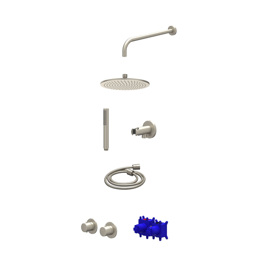 IVY Regendoucheset inbouwthermostaatkraan met 2-weg stop-omstel symmetry, 40cm wandarm, R25cmME, houder met uitlaat, doucheslang 150cm en staafmodel – Gebr. nickel PVD