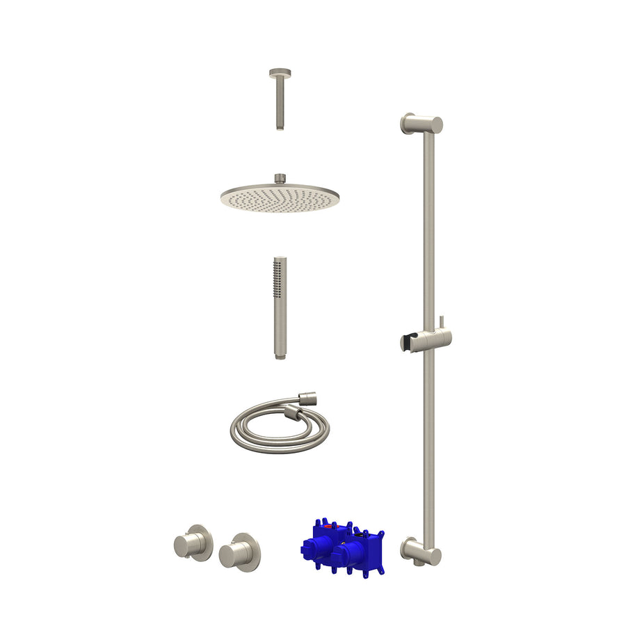 IVY Regendoucheset inbouwthermostaatkraan met 2-weg stop-omstel symmetry, 15cm plafondbuis, R25cmME, glijstang met uitlaat, doucheslang 150cm en staafmodel – Gebr. nickel PVD
