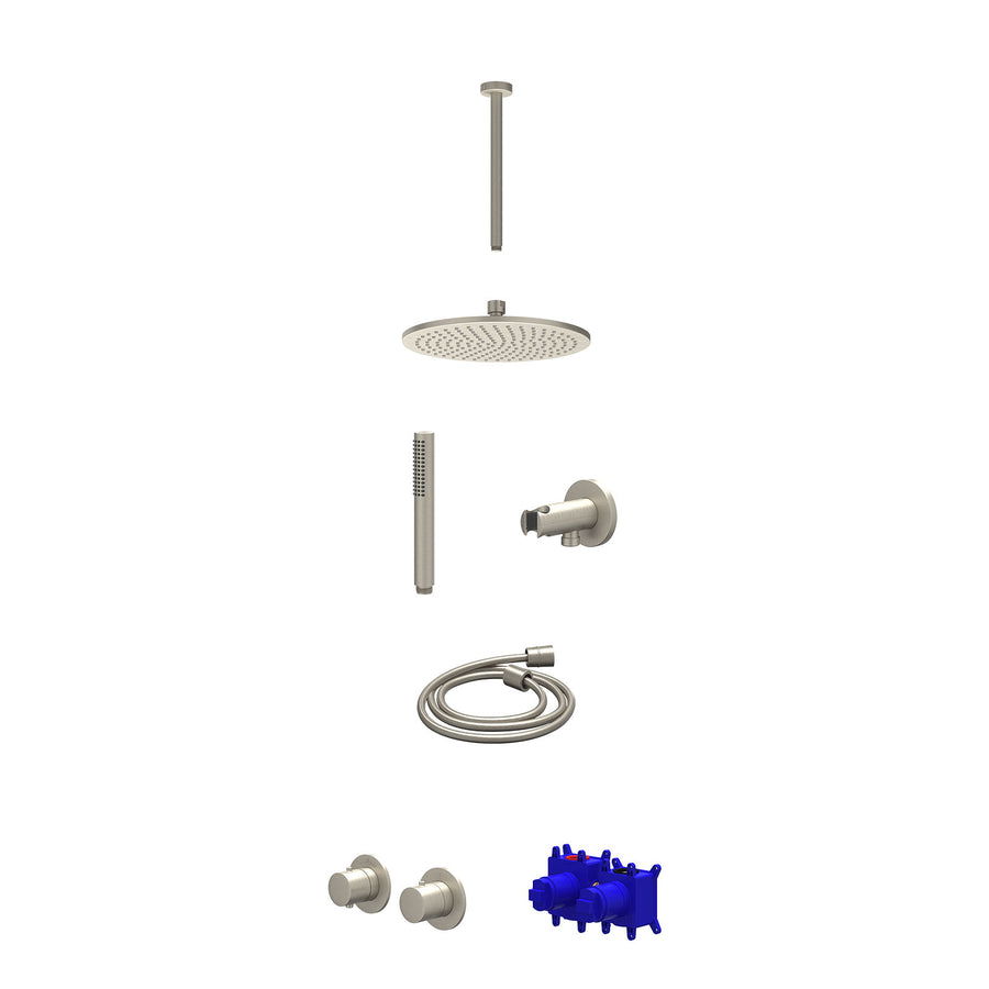 IVY Regendoucheset inbouwthermostaatkraan met 2-weg stop-omstel symmetry, 30cm plafondbuis, R25cmME, houder met uitlaat, doucheslang 150cm en staafmodel – Gebr. nickel PVD