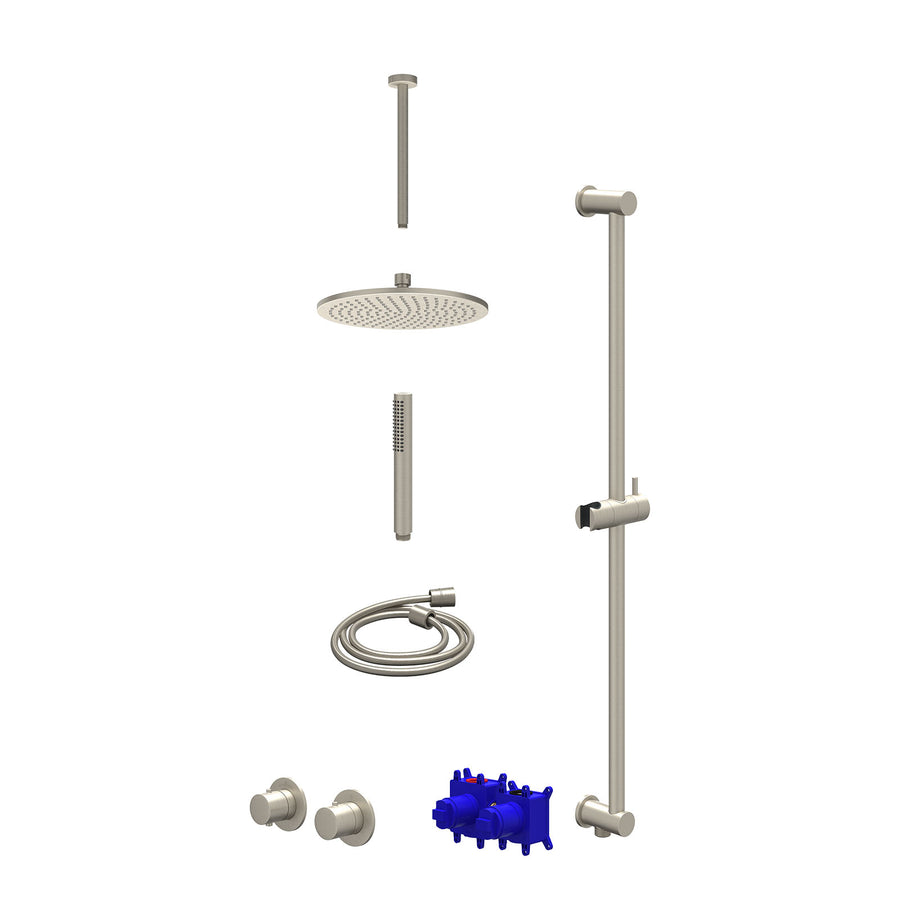 IVY Regendoucheset inbouwthermostaatkraan met 2-weg stop-omstel symmetry, 30cm plafondbuis, R25cmME, glijstang met uitlaat, doucheslang 150cm en staafmodel – Gebr. nickel PVD