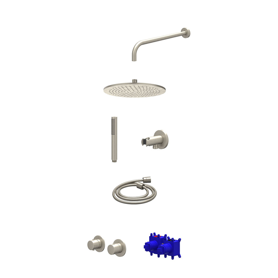 IVY Regendoucheset inbouwthermostaatkraan met 2-weg stop-omstel symmetry, 40cm wandarm, R30cmME, houder met uitlaat, doucheslang 150cm en staafmodel – Gebr. nickel PVD