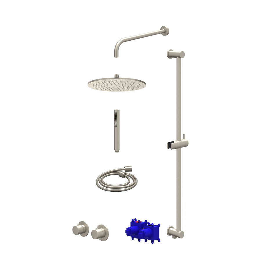 IVY Regendoucheset inbouwthermostaatkraan met 2-weg stop-omstel symmetry, 40cm wandarm, R30cmME, glijstang met uitlaat, doucheslang 150cm en staafmodel – Gebr. nickel PVD