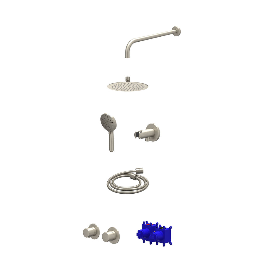 IVY Regendoucheset inbouwthermostaatkraan met 2-weg stop-omstel symmetry, 40cm wandarm, R20cmSL, houder met uitlaat, doucheslang 150cm en 3-standen handdouche – Gebr. nickel PVD