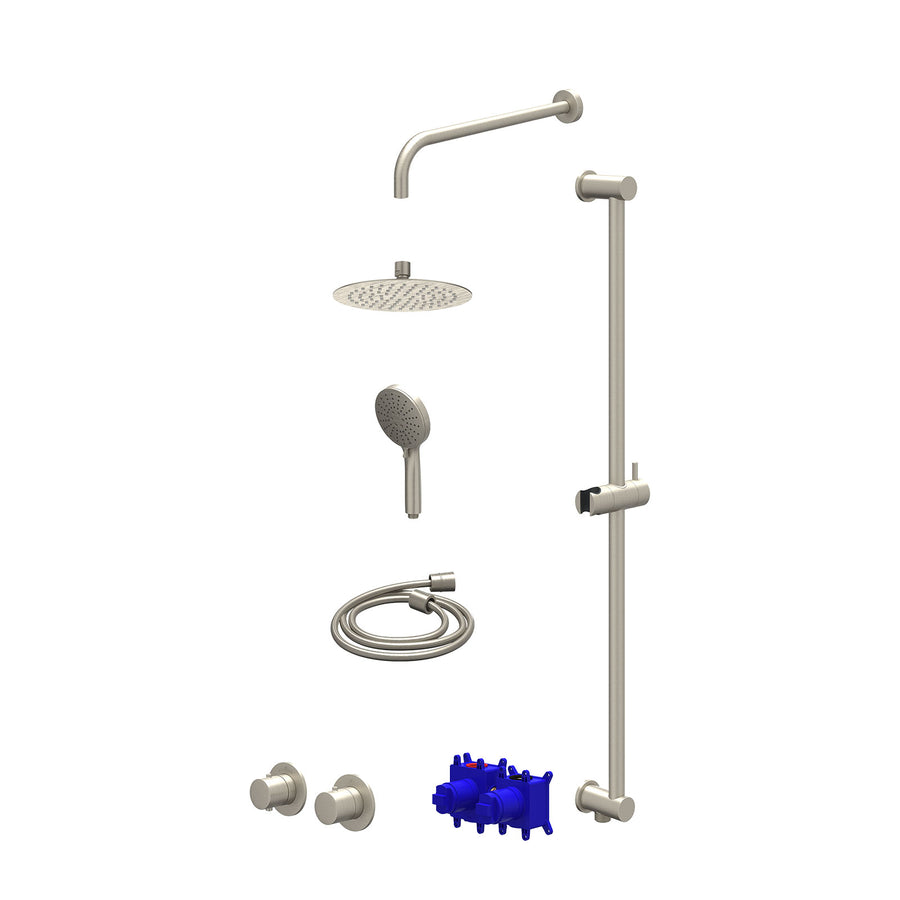 IVY Regendoucheset inbouwthermostaatkraan met 2-weg stop-omstel symmetry, 40cm wandarm, R20cmSL, glijstang met uitlaat, doucheslang 150cm en 3-standen handdouche – Gebr. nickel PVD