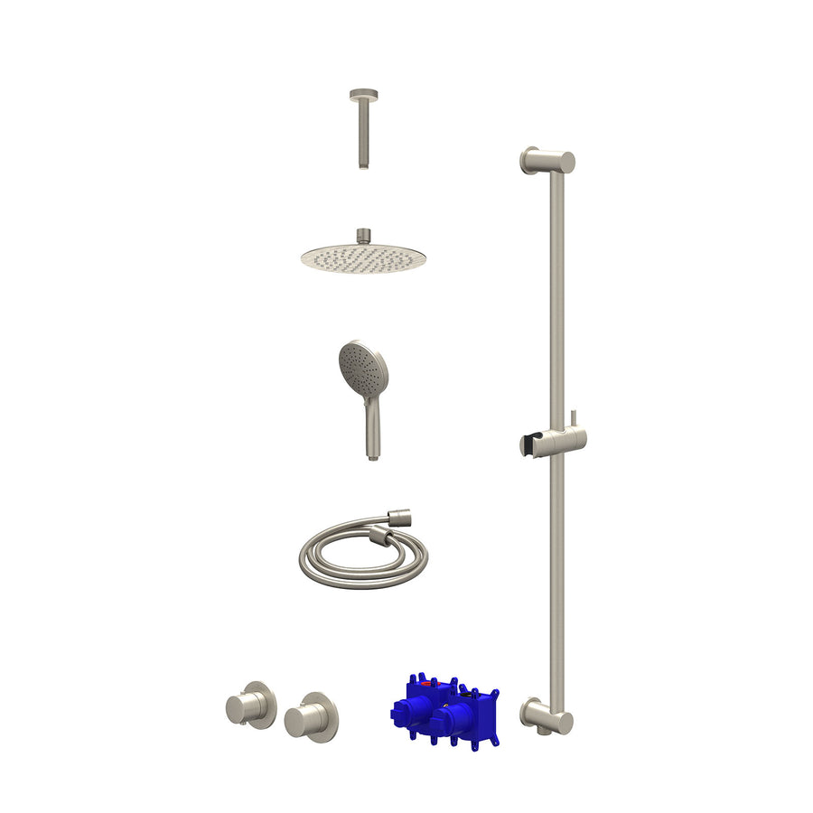 IVY Regendoucheset inbouwthermostaatkraan met 2-weg stop-omstel symmetry, 15cm plafondbuis, R20cmSL, glijstang met uitlaat, doucheslang 150cm en 3-standen handdouche – Gebr. nickel