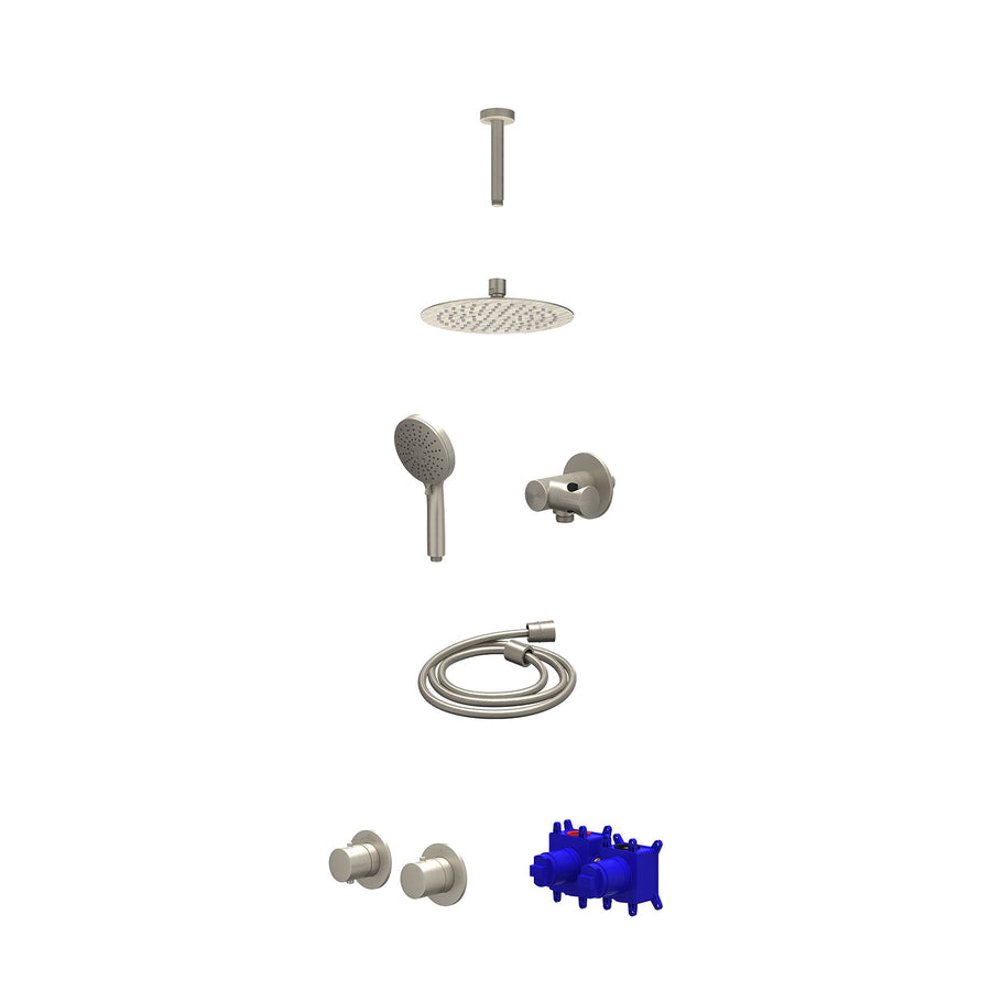 IVY Regendoucheset inbouwthermostaatkraan met 2-weg stop-omstel symmetry, 15cm plafondbuis, R20cmSL, verstelbare steun met geïnt. uitlaat, doucheslang 150cm en 3-standen handdouche