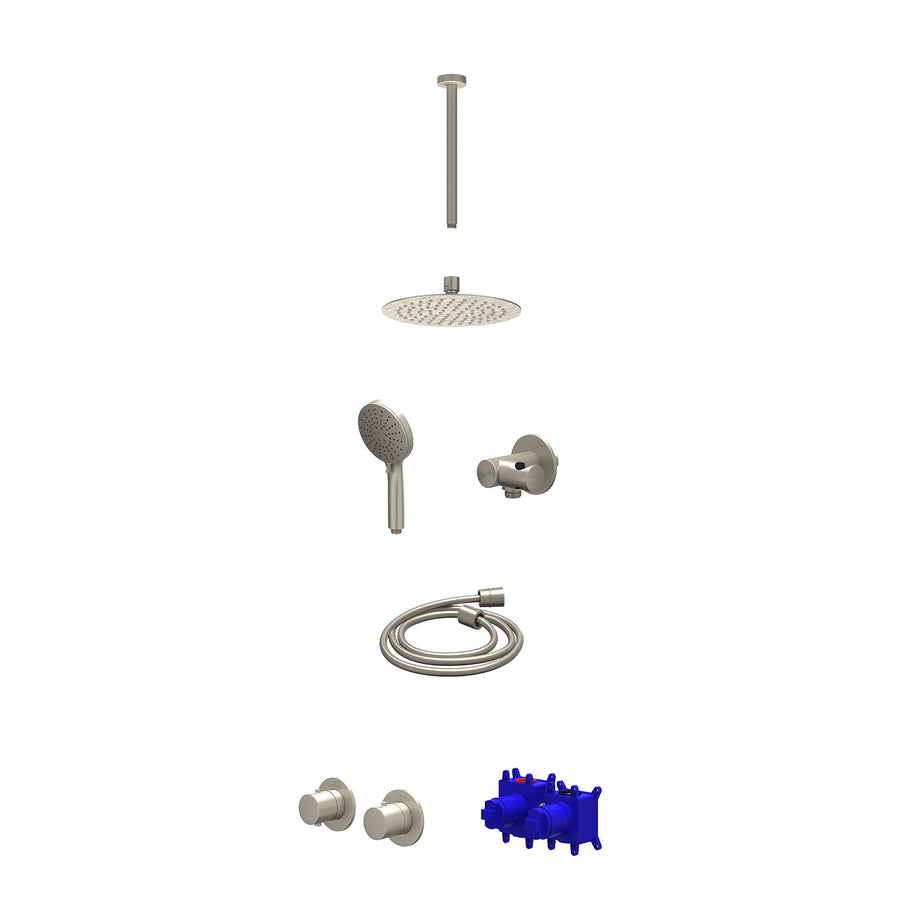IVY Regendoucheset inbouwthermostaatkraan met 2-weg stop-omstel symmetry, 30cm plafondbuis, R20cmSL, verstelbare steun met geïnt. uitlaat, doucheslang 150cm en 3-standen handdouche