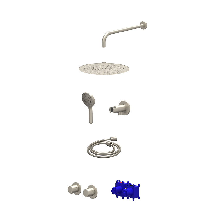 IVY Regendoucheset inbouwthermostaatkraan met 2-weg stop-omstel symmetry, 40cm wandarm, R30cmSL, houder met uitlaat, doucheslang 150cm en 3-standen handdouche – Gebr. nickel PVD