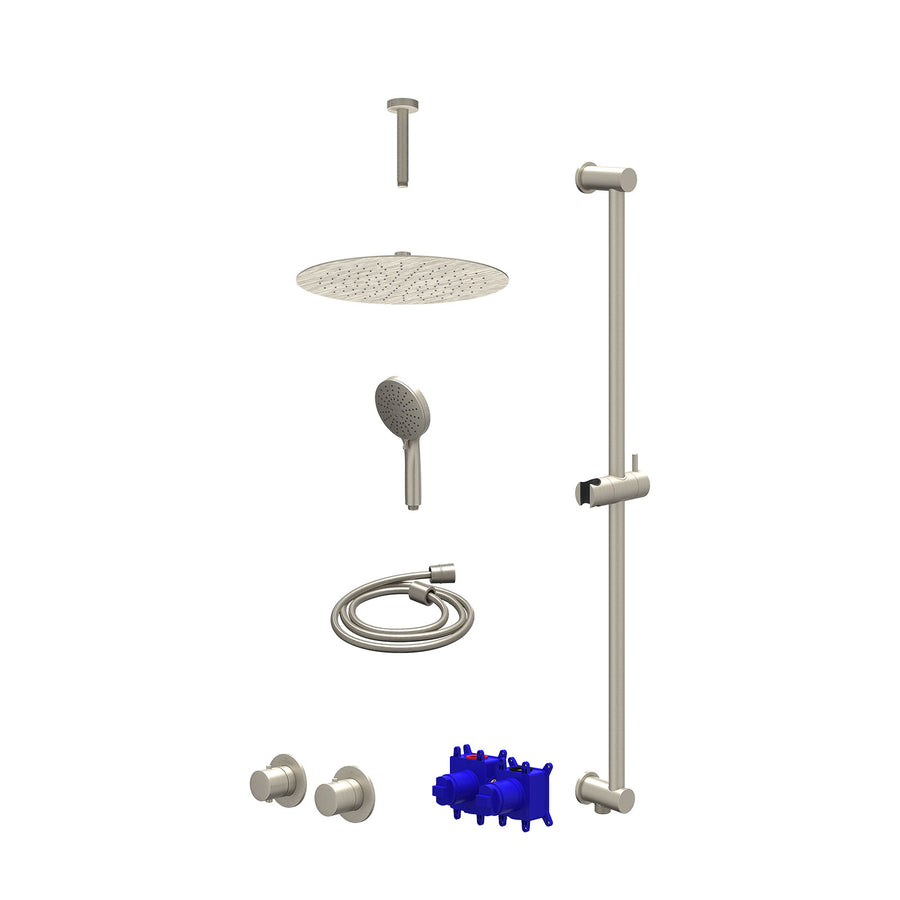 IVY Regendoucheset inbouwthermostaatkraan met 2-weg stop-omstel symmetry, 15cm plafondbuis, R30cmSL, glijstang met uitlaat, doucheslang 150cm en 3-standen handdouche – Gebr. nickel