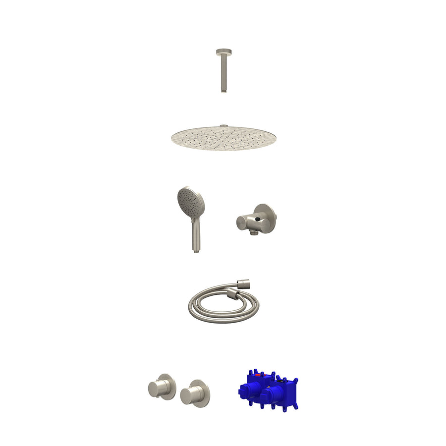 IVY Regendoucheset inbouwthermostaatkraan met 2-weg stop-omstel symmetry, 15cm plafondbuis, R30cmSL, verstelbare steun met geïnt. uitlaat, doucheslang 150cm en 3-standen handdouche