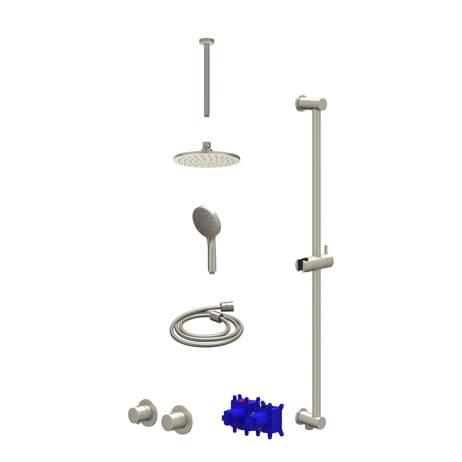 IVY Regendoucheset inbouwthermostaatkraan met 2-weg stop-omstel symmetry, 30cm plafondbuis, R20cmME, glijstang met uitlaat, doucheslang 150cm en 3-standen handdouche – Gebr. nickel