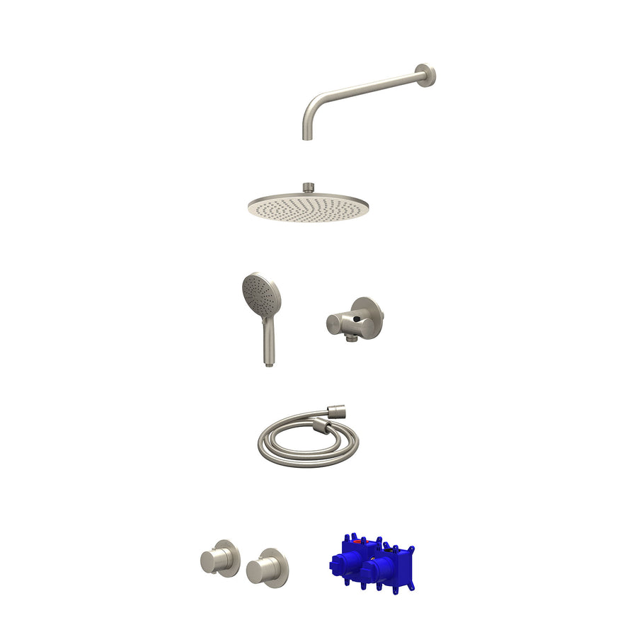 IVY Regendoucheset inbouwthermostaatkraan met 2-weg stop-omstel symmetry, 40cm wandarm, R25cmME, verstelbare steun met geïnt. uitlaat, doucheslang 150cm en 3-standen handdouche – G