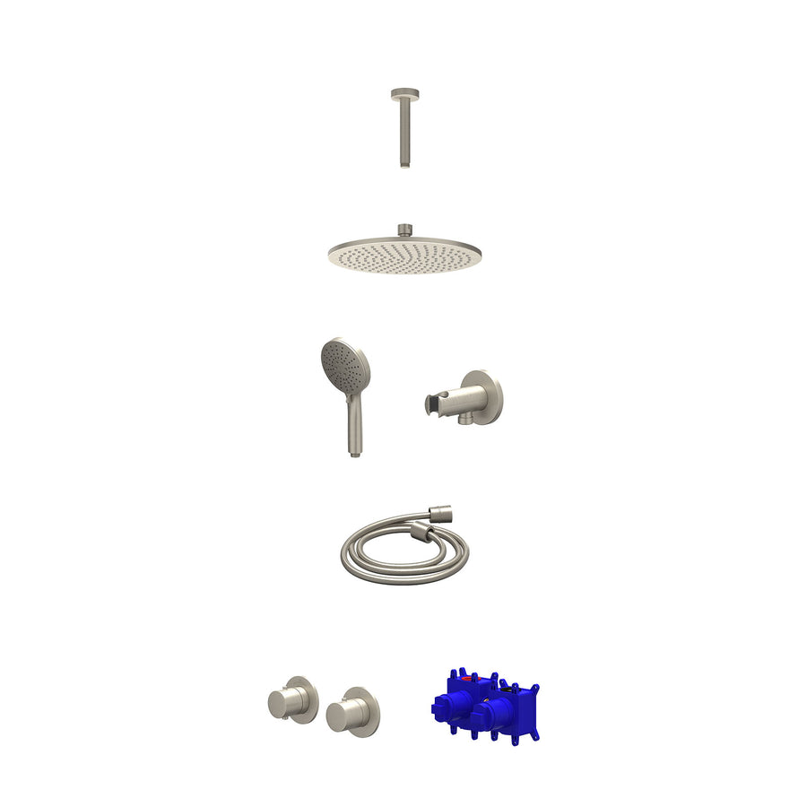 IVY Regendoucheset inbouwthermostaatkraan met 2-weg stop-omstel symmetry, 15cm plafondbuis, R25cmME, houder met uitlaat, doucheslang 150cm en 3-standen handdouche – Gebr. nickel PV