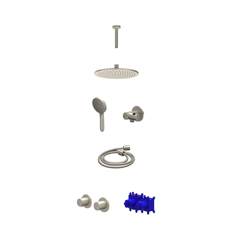 IVY Regendoucheset inbouwthermostaatkraan met 2-weg stop-omstel symmetry, 15cm plafondbuis, R25cmME, verstelbare steun met geïnt. uitlaat, doucheslang 150cm en 3-standen handdouche