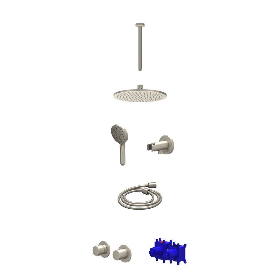 IVY Regendoucheset inbouwthermostaatkraan met 2-weg stop-omstel symmetry, 30cm plafondbuis, R25cmME, houder met uitlaat, doucheslang 150cm en 3-standen handdouche – Gebr. nickel PV
