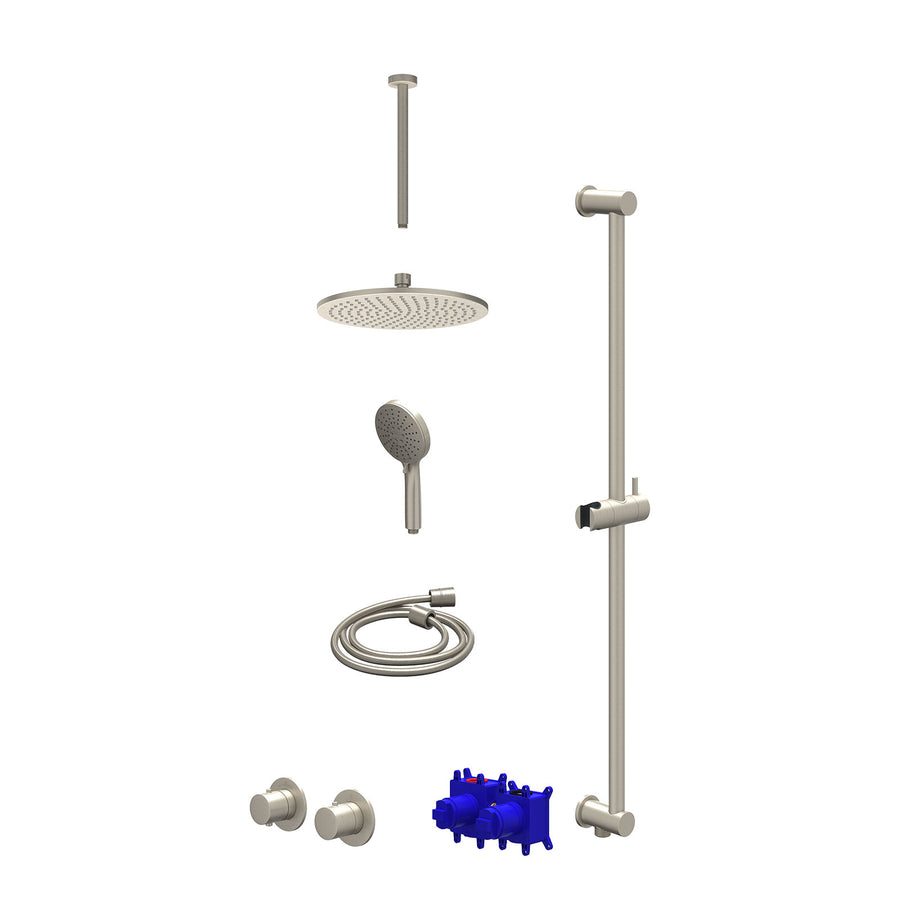 IVY Regendoucheset inbouwthermostaatkraan met 2-weg stop-omstel symmetry, 30cm plafondbuis, R25cmME, glijstang met uitlaat, doucheslang 150cm en 3-standen handdouche – Gebr. nickel