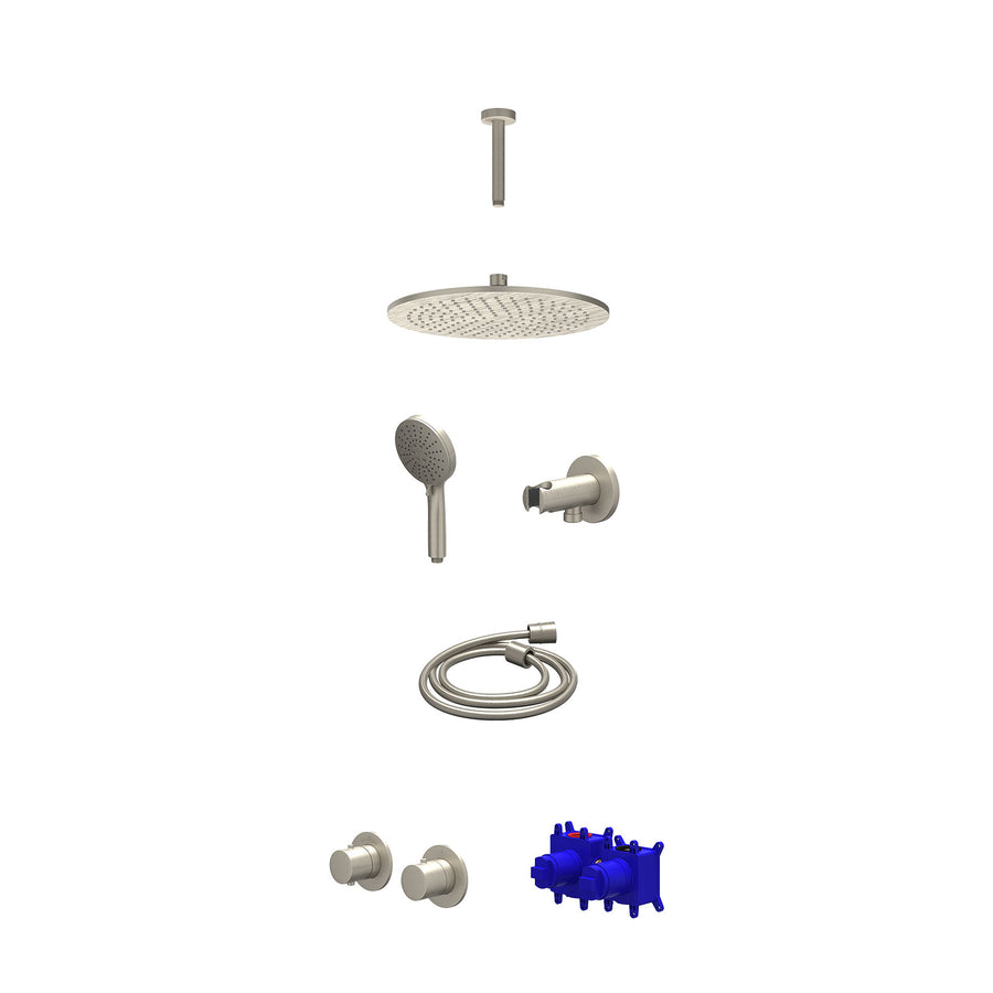 IVY Regendoucheset inbouwthermostaatkraan met 2-weg stop-omstel symmetry, 15cm plafondbuis, R30cmME, houder met uitlaat, doucheslang 150cm en 3-standen handdouche – Gebr. nickel PV