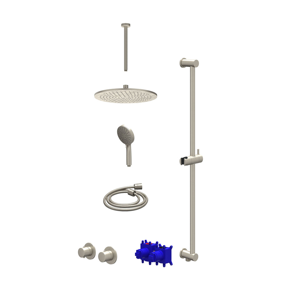 IVY Regendoucheset inbouwthermostaatkraan met 2-weg stop-omstel symmetry, 30cm plafondbuis, R30cmME, glijstang met uitlaat, doucheslang 150cm en 3-standen handdouche – Gebr. nickel