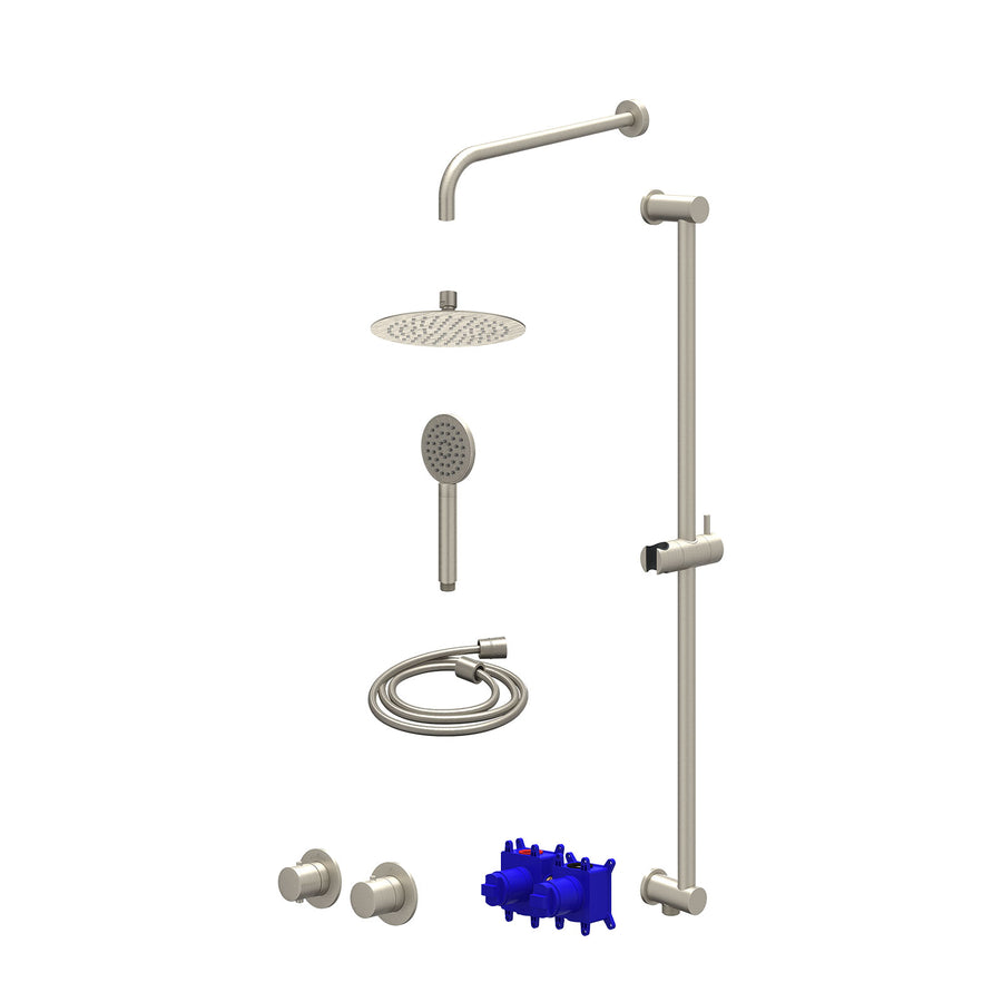 IVY Regendoucheset inbouwthermostaatkraan met 2-weg stop-omstel symmetry, 40cm wandarm, R20cmSL, glijstang met uitlaat, doucheslang 150cm en satin spray handdouche – Gebr. nickel P