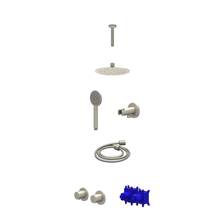 IVY Regendoucheset inbouwthermostaatkraan met 2-weg stop-omstel symmetry, 15cm plafondbuis, R20cmSL, houder met uitlaat, doucheslang 150cm en satin spray handdouche – Gebr. nickel 