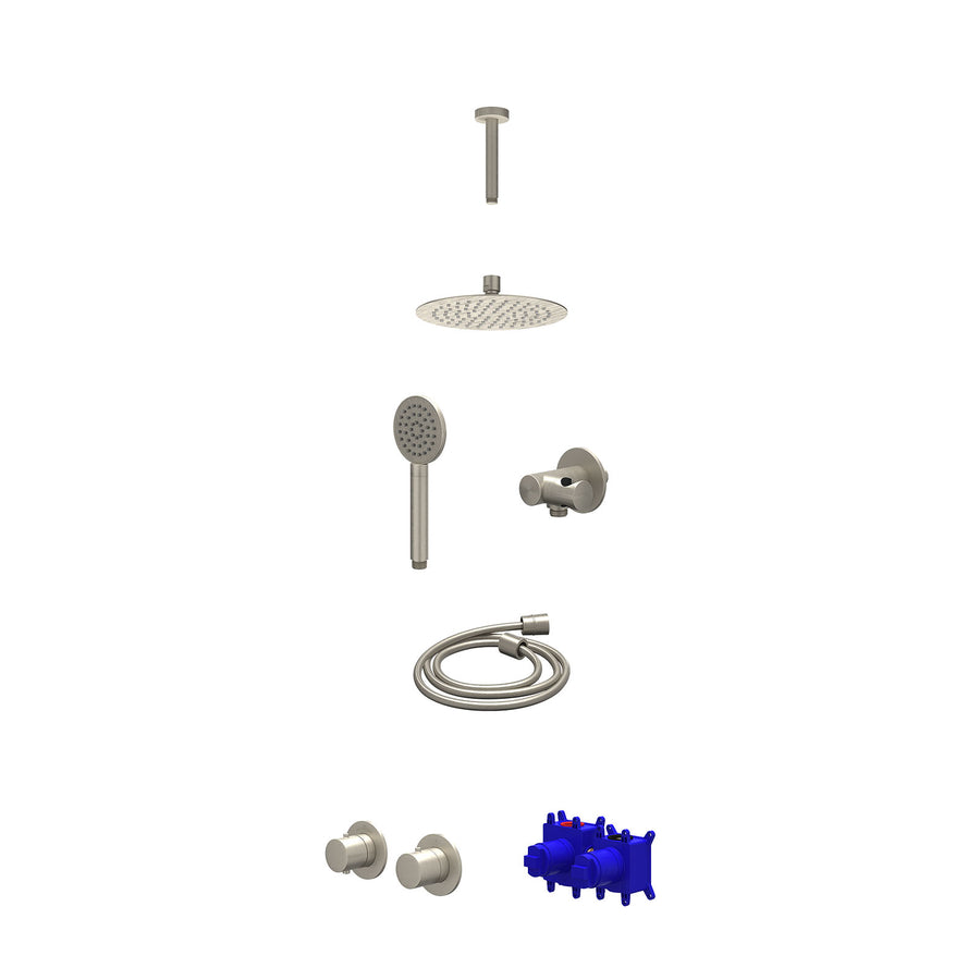 IVY Regendoucheset inbouwthermostaatkraan met 2-weg stop-omstel symmetry, 15cm plafondbuis, R20cmSL, verstelbare steun met geïnt. uitlaat, doucheslang 150cm en satin spray handdouc