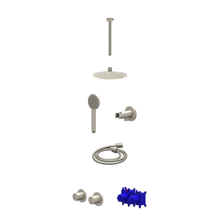 IVY Regendoucheset inbouwthermostaatkraan met 2-weg stop-omstel symmetry, 30cm plafondbuis, R20cmSL, houder met uitlaat, doucheslang 150cm en satin spray handdouche – Gebr. nickel 