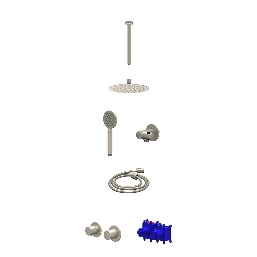 IVY Regendoucheset inbouwthermostaatkraan met 2-weg stop-omstel symmetry, 30cm plafondbuis, R20cmSL, verstelbare steun met geïnt. uitlaat, doucheslang 150cm en satin spray handdouc