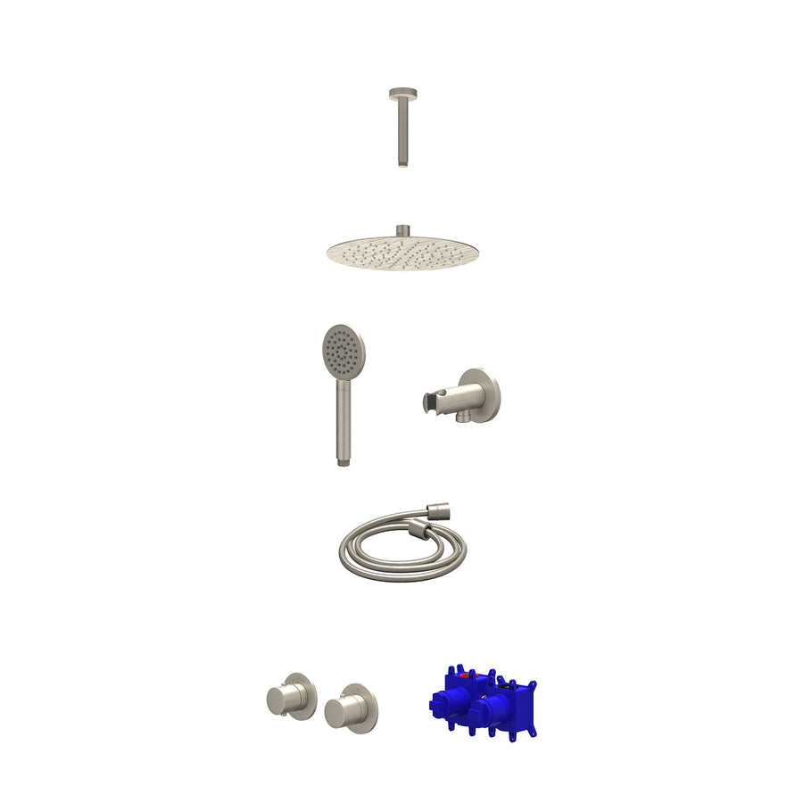 IVY Regendoucheset inbouwthermostaatkraan met 2-weg stop-omstel symmetry, 15cm plafondbuis, R25cmSL, houder met uitlaat, doucheslang 150cm en satin spray handdouche – Gebr. nickel 