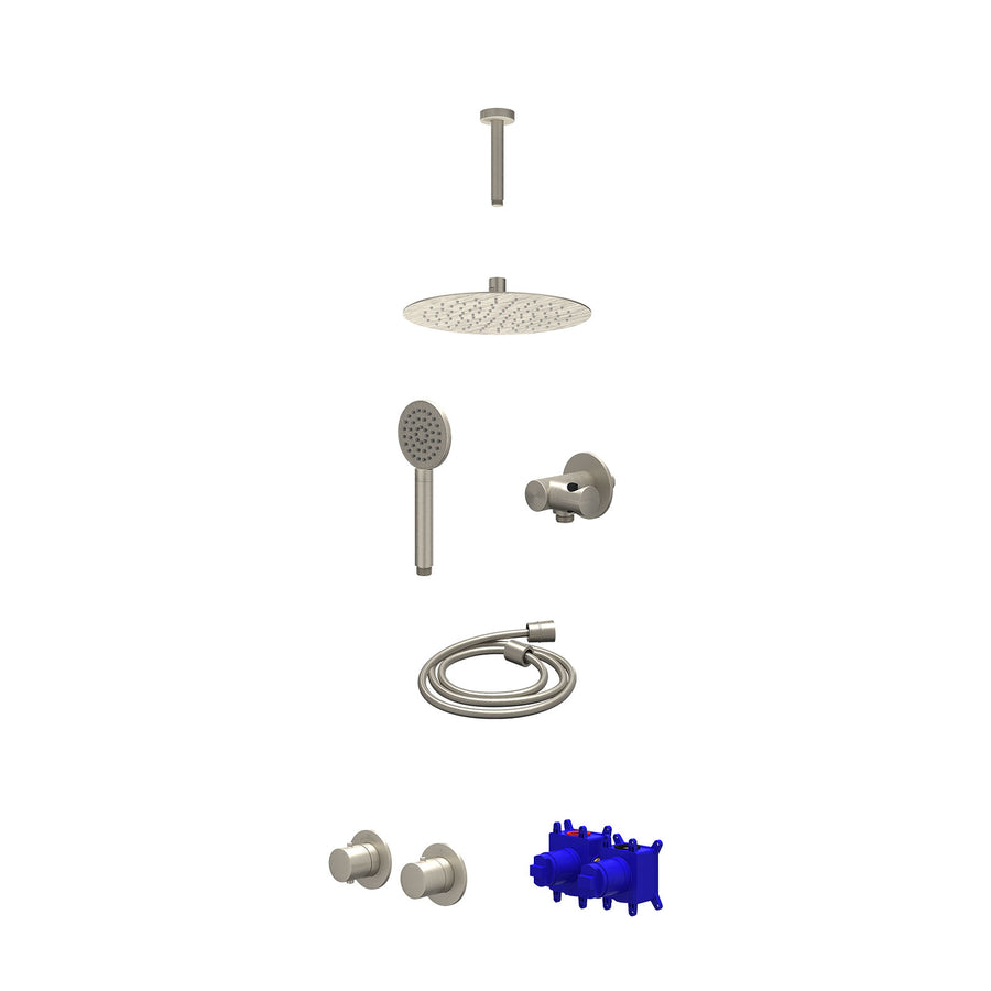 IVY Regendoucheset inbouwthermostaatkraan met 2-weg stop-omstel symmetry, 15cm plafondbuis, R25cmSL, verstelbare steun met geïnt. uitlaat, doucheslang 150cm en satin spray handdouc