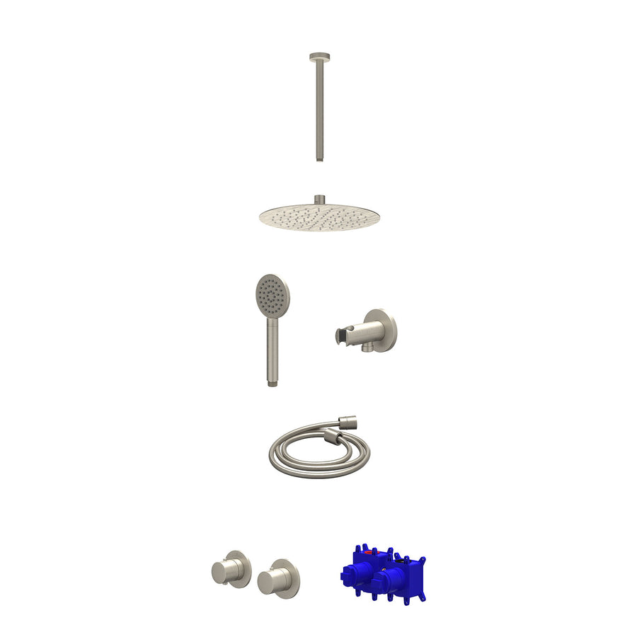 IVY Regendoucheset inbouwthermostaatkraan met 2-weg stop-omstel symmetry, 30cm plafondbuis, R25cmSL, houder met uitlaat, doucheslang 150cm en satin spray handdouche – Gebr. nickel 