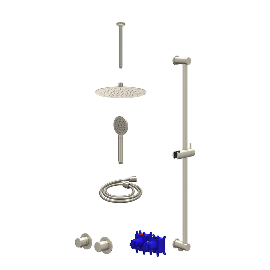 IVY Regendoucheset inbouwthermostaatkraan met 2-weg stop-omstel symmetry, 30cm plafondbuis, R25cmSL, glijstang met uitlaat, doucheslang 150cm en satin spray handdouche – Gebr. nick
