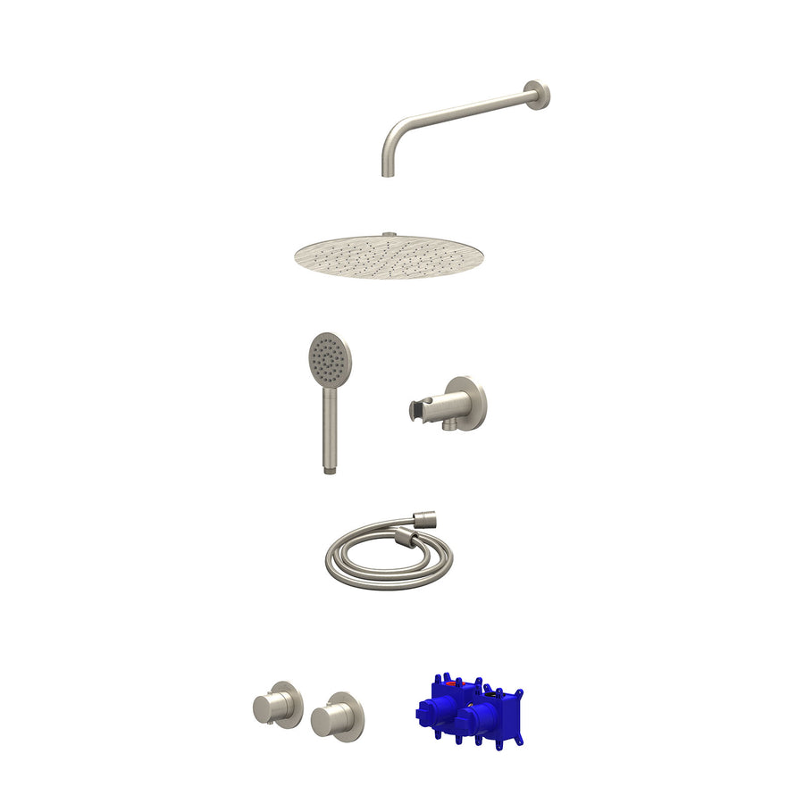 IVY Regendoucheset inbouwthermostaatkraan met 2-weg stop-omstel symmetry, 40cm wandarm, R30cmSL, houder met uitlaat, doucheslang 150cm en satin spray handdouche – Gebr. nickel PVD