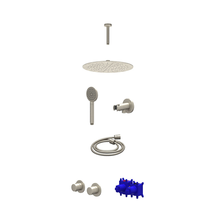 IVY Regendoucheset inbouwthermostaatkraan met 2-weg stop-omstel symmetry, 15cm plafondbuis, R30cmSL, houder met uitlaat, doucheslang 150cm en satin spray handdouche – Gebr. nickel 