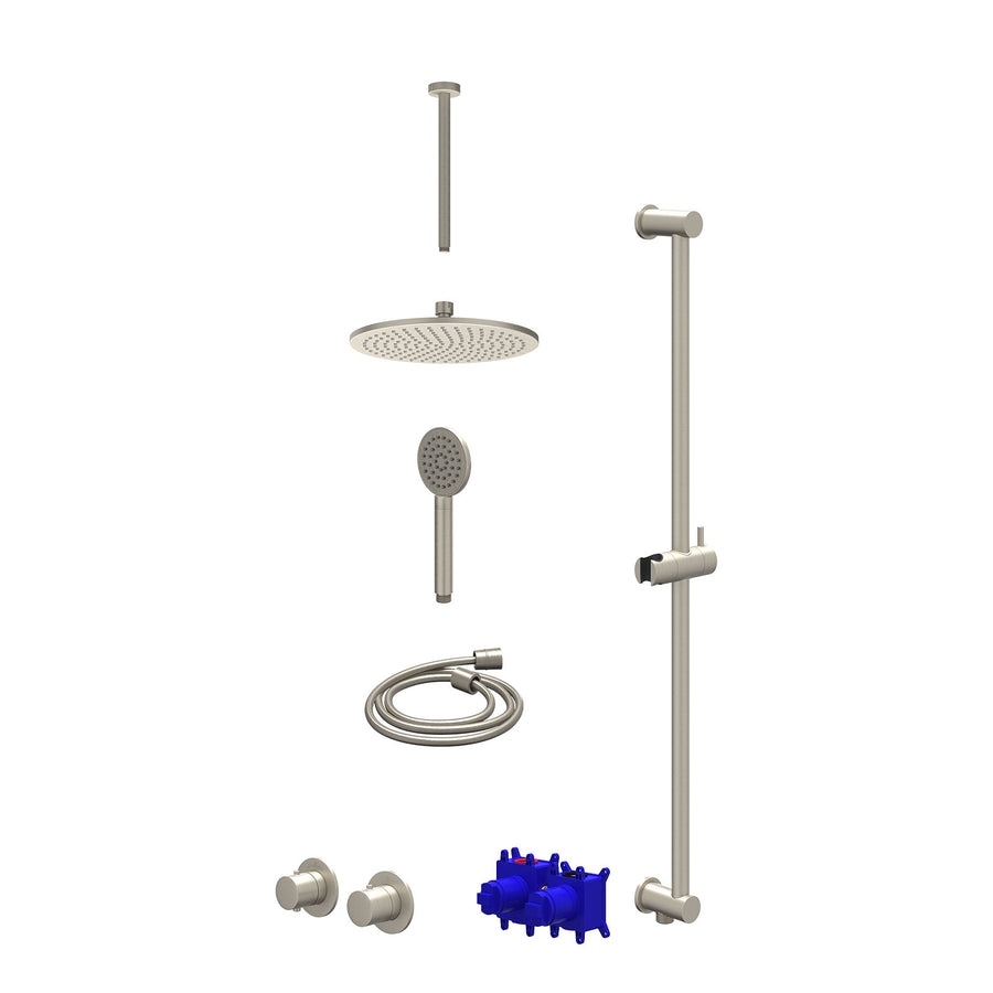 IVY Regendoucheset inbouwthermostaatkraan met 2-weg stop-omstel symmetry, 30cm plafondbuis, R25cmME, glijstang met uitlaat, doucheslang 150cm en satin spray handdouche – Gebr. nick
