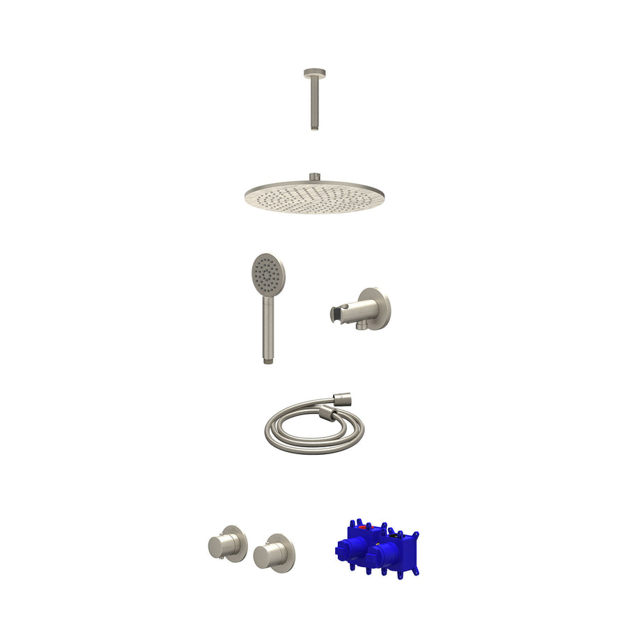 IVY Regendoucheset inbouwthermostaatkraan met 2-weg stop-omstel symmetry, 15cm plafondbuis, R30cmME, houder met uitlaat, doucheslang 150cm en satin spray handdouche – Gebr. nickel 