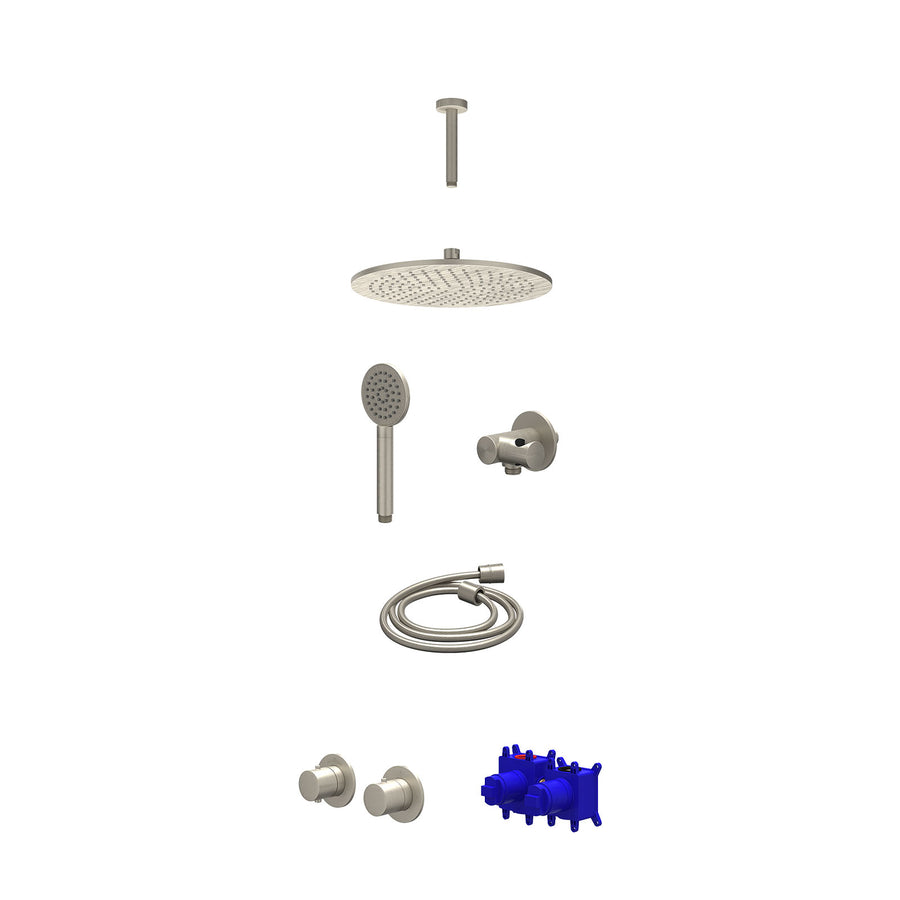 IVY Regendoucheset inbouwthermostaatkraan met 2-weg stop-omstel symmetry, 15cm plafondbuis, R30cmME, verstelbare steun met geïnt. uitlaat, doucheslang 150cm en satin spray handdouc