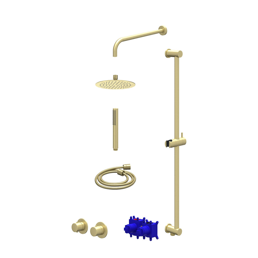 IVY Regendoucheset inbouwthermostaatkraan met 2-weg stop-omstel symmetry, 40cm wandarm, R20cmSL, glijstang met uitlaat, doucheslang 150cm en staafmodel – Gebr. mat goud PVD