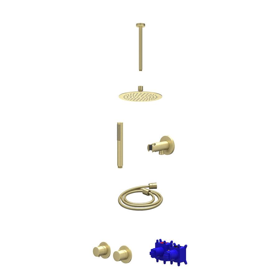 IVY Regendoucheset inbouwthermostaatkraan met 2-weg stop-omstel symmetry, 30cm plafondbuis, R20cmSL, houder met uitlaat, doucheslang 150cm en staafmodel – Gebr. mat goud PVD