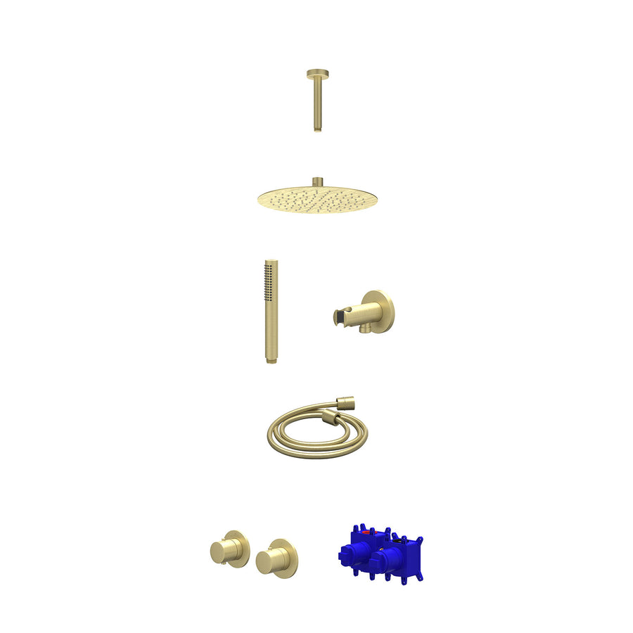 IVY Regendoucheset inbouwthermostaatkraan met 2-weg stop-omstel symmetry, 15cm plafondbuis, R25cmSL, houder met uitlaat, doucheslang 150cm en staafmodel – Gebr. mat goud PVD