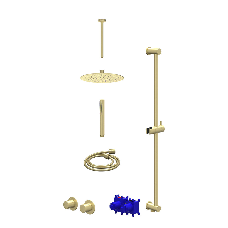IVY Regendoucheset inbouwthermostaatkraan met 2-weg stop-omstel symmetry, 30cm plafondbuis, R25cmSL, glijstang met uitlaat, doucheslang 150cm en staafmodel – Gebr. mat goud PVD