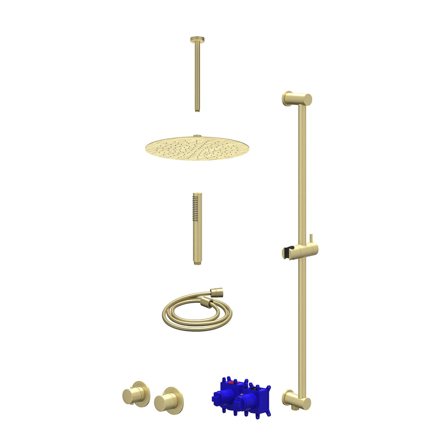 IVY Regendoucheset inbouwthermostaatkraan met 2-weg stop-omstel symmetry, 30cm plafondbuis, R30cmSL, glijstang met uitlaat, doucheslang 150cm en staafmodel – Gebr. mat goud PVD
