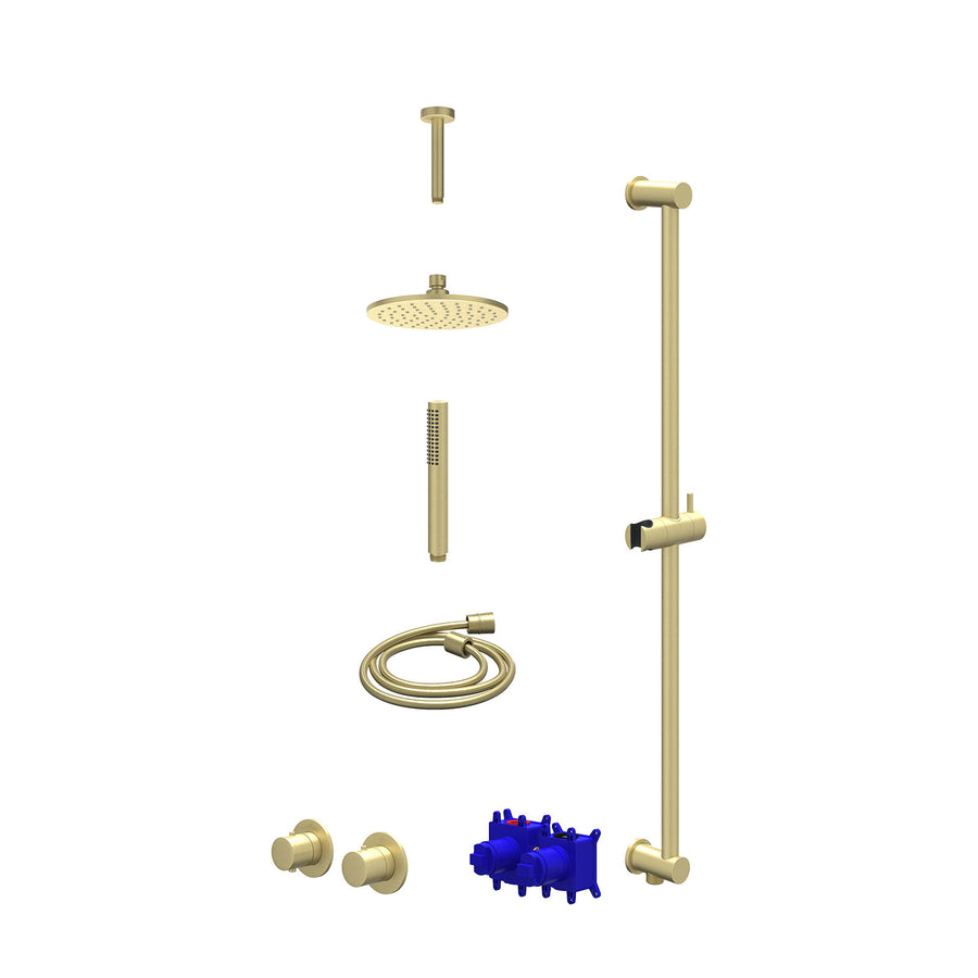 IVY Regendoucheset inbouwthermostaatkraan met 2-weg stop-omstel symmetry, 15cm plafondbuis, R20cmME, glijstang met uitlaat, doucheslang 150cm en staafmodel – Gebr. mat goud PVD