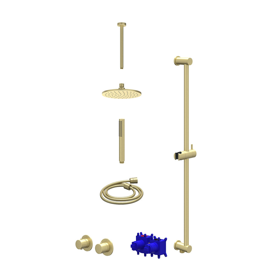 IVY Regendoucheset inbouwthermostaatkraan met 2-weg stop-omstel symmetry, 30cm plafondbuis, R20cmME, glijstang met uitlaat, doucheslang 150cm en staafmodel – Gebr. mat goud PVD