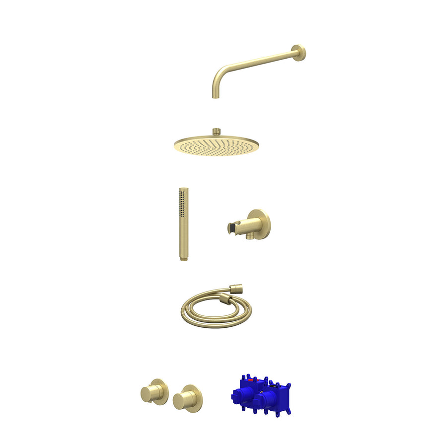IVY Regendoucheset inbouwthermostaatkraan met 2-weg stop-omstel symmetry, 40cm wandarm, R25cmME, houder met uitlaat, doucheslang 150cm en staafmodel – Gebr. mat goud PVD