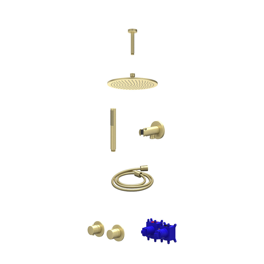 IVY Regendoucheset inbouwthermostaatkraan met 2-weg stop-omstel symmetry, 15cm plafondbuis, R25cmME, houder met uitlaat, doucheslang 150cm en staafmodel – Gebr. mat goud PVD