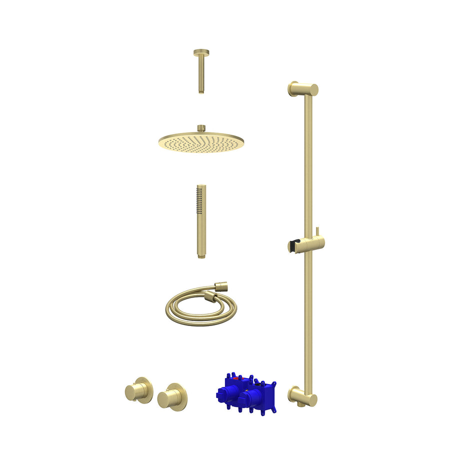IVY Regendoucheset inbouwthermostaatkraan met 2-weg stop-omstel symmetry, 15cm plafondbuis, R25cmME, glijstang met uitlaat, doucheslang 150cm en staafmodel – Gebr. mat goud PVD
