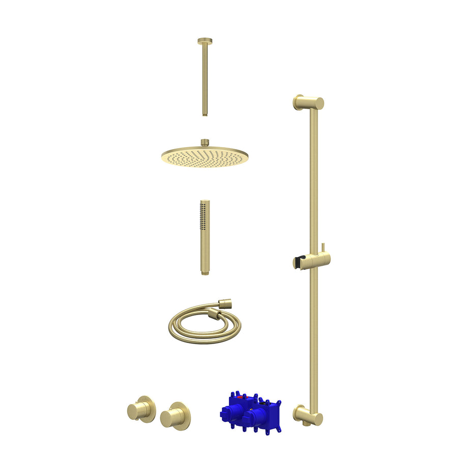 IVY Regendoucheset inbouwthermostaatkraan met 2-weg stop-omstel symmetry, 30cm plafondbuis, R25cmME, glijstang met uitlaat, doucheslang 150cm en staafmodel – Gebr. mat goud PVD