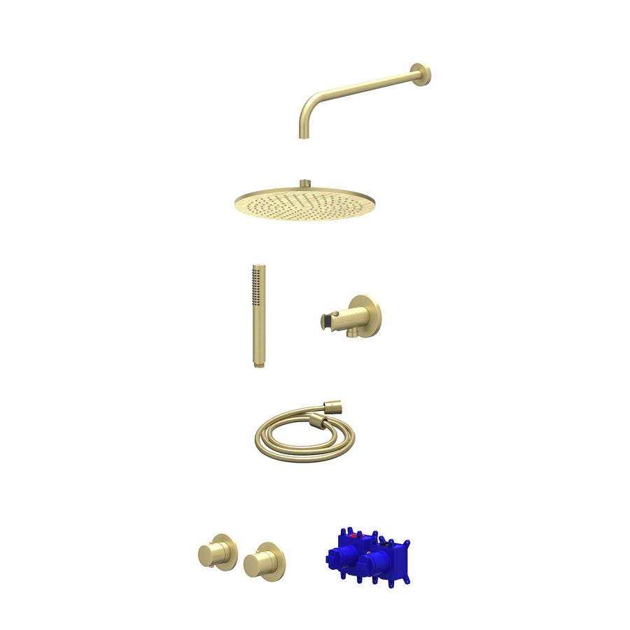 IVY Regendoucheset inbouwthermostaatkraan met 2-weg stop-omstel symmetry, 40cm wandarm, R30cmME, houder met uitlaat, doucheslang 150cm en staafmodel – Gebr. mat goud PVD